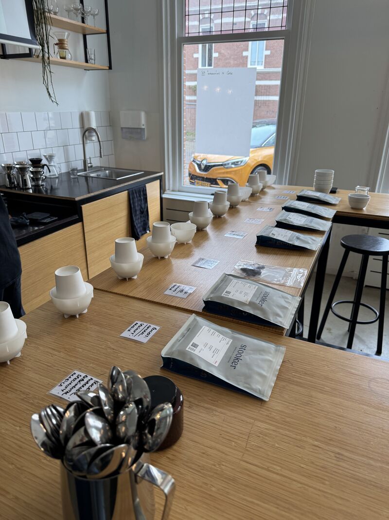 Cupping table at Stooker Specialty Coffee, Amsterdam